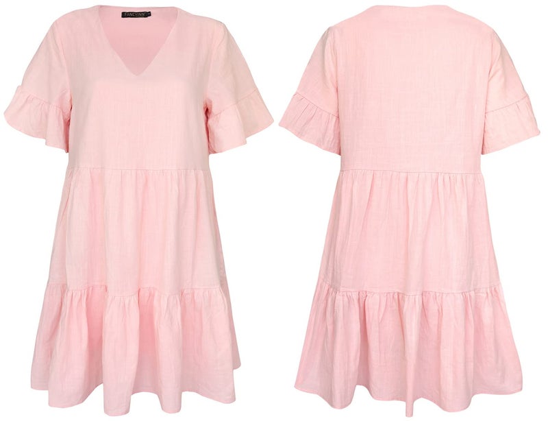 FANCYINN Women Cute Pink Shift Tunic Dress Bell Sleeve V Neck Swing Pink Ruffle Babydoll Dress Summer Vacation S - Image 5
